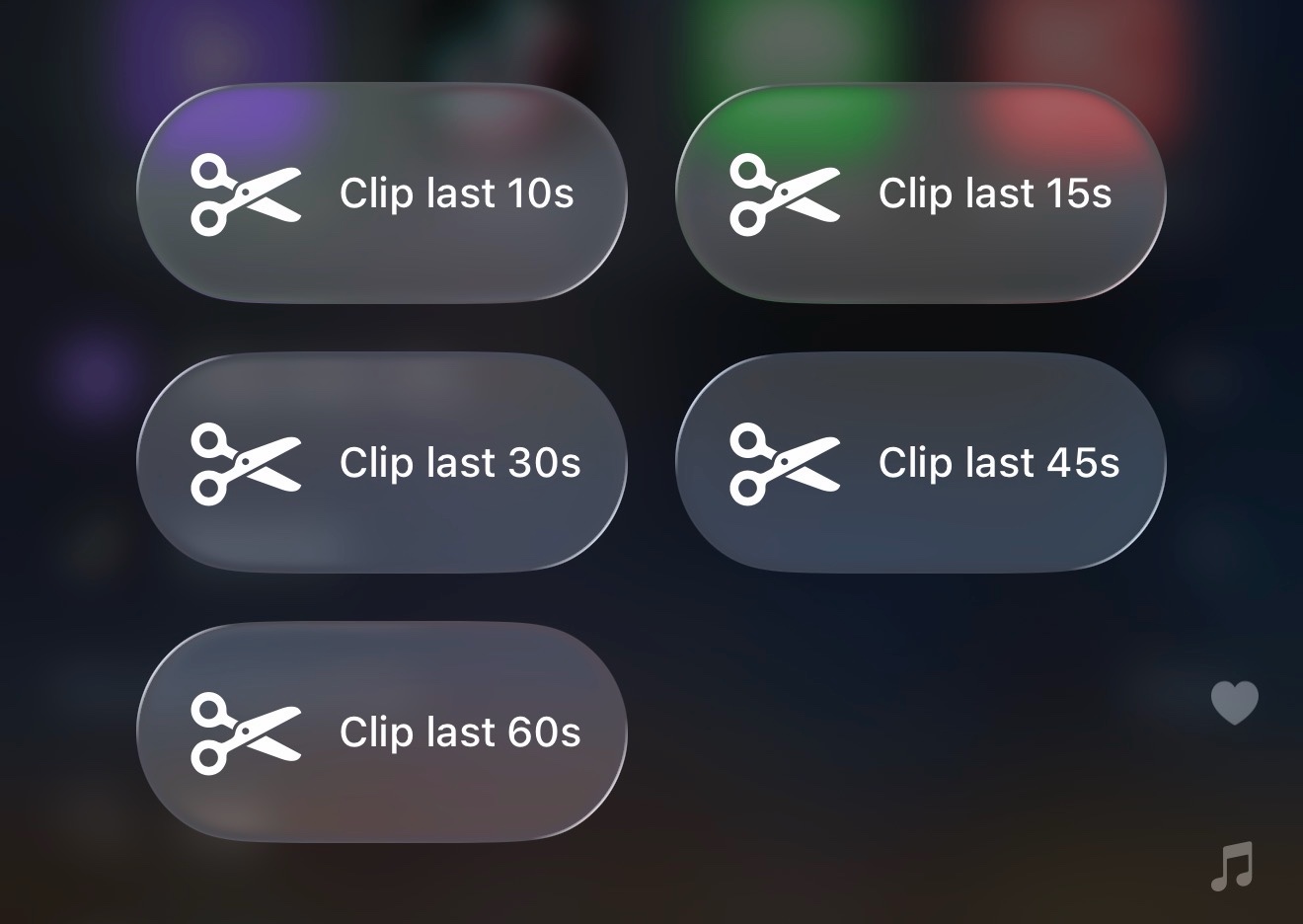 Control Center showing five Demo Scope clip buttons for 10s through 60s