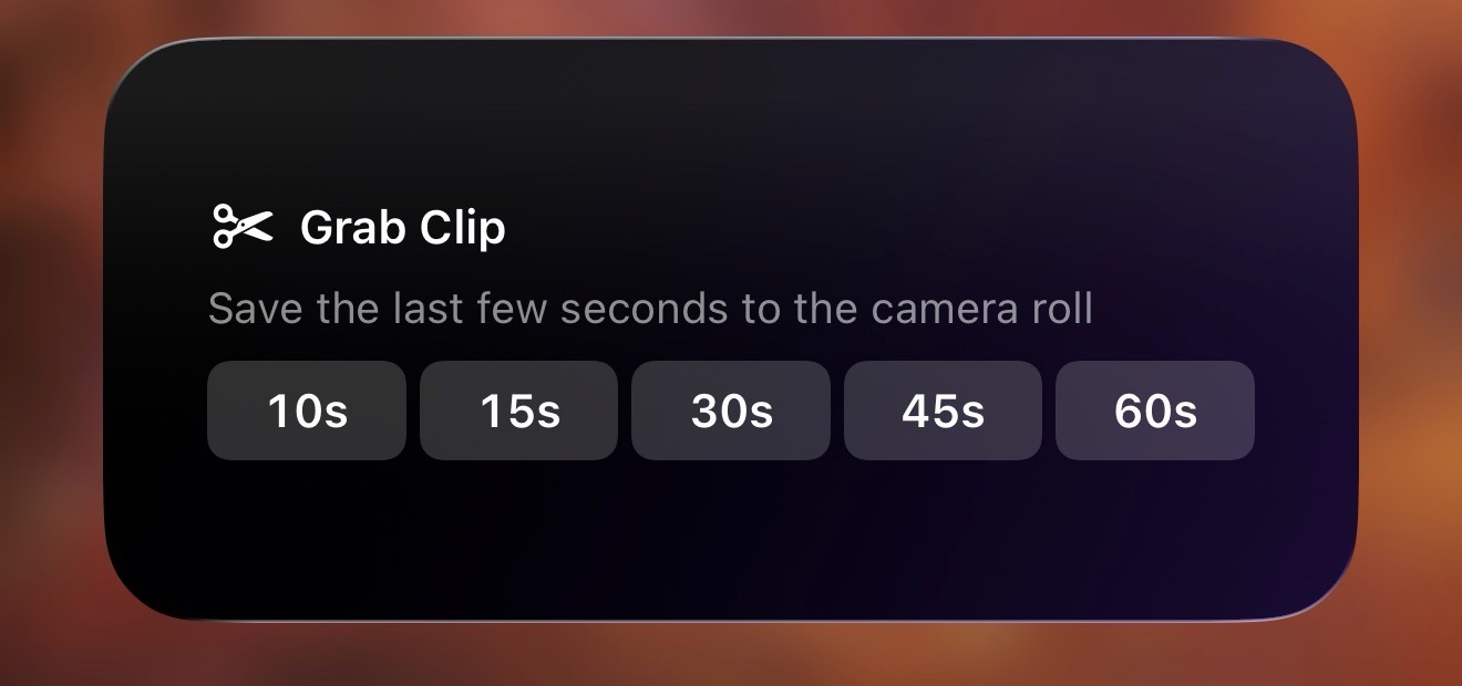Demo Scope home screen widget showing Grab Clip buttons for 10s through 60s
